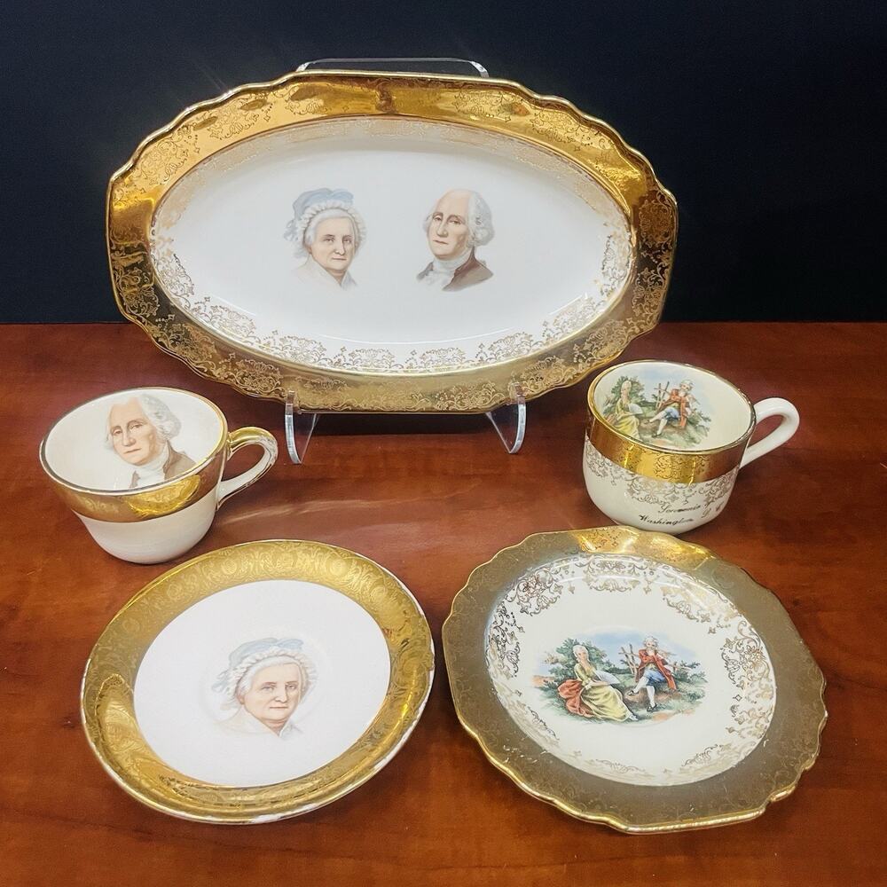 Capsco 22 Karat Gold Trim Tea Cup & Saucer & Tray Victorian George Washington